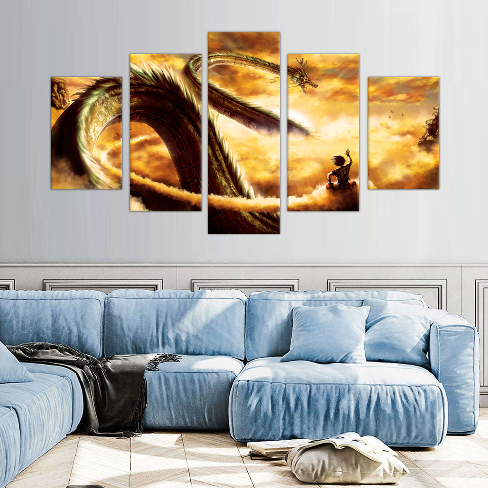 Dragon's Ascent: 5-Piece Mythical Sky Canvas Wall Art Set