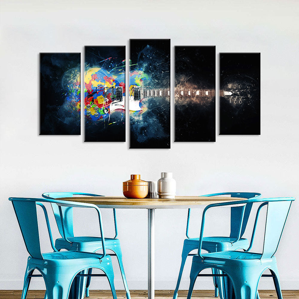 5 Piece Abstract Colorful Guitar on Black Canvas Wall Art