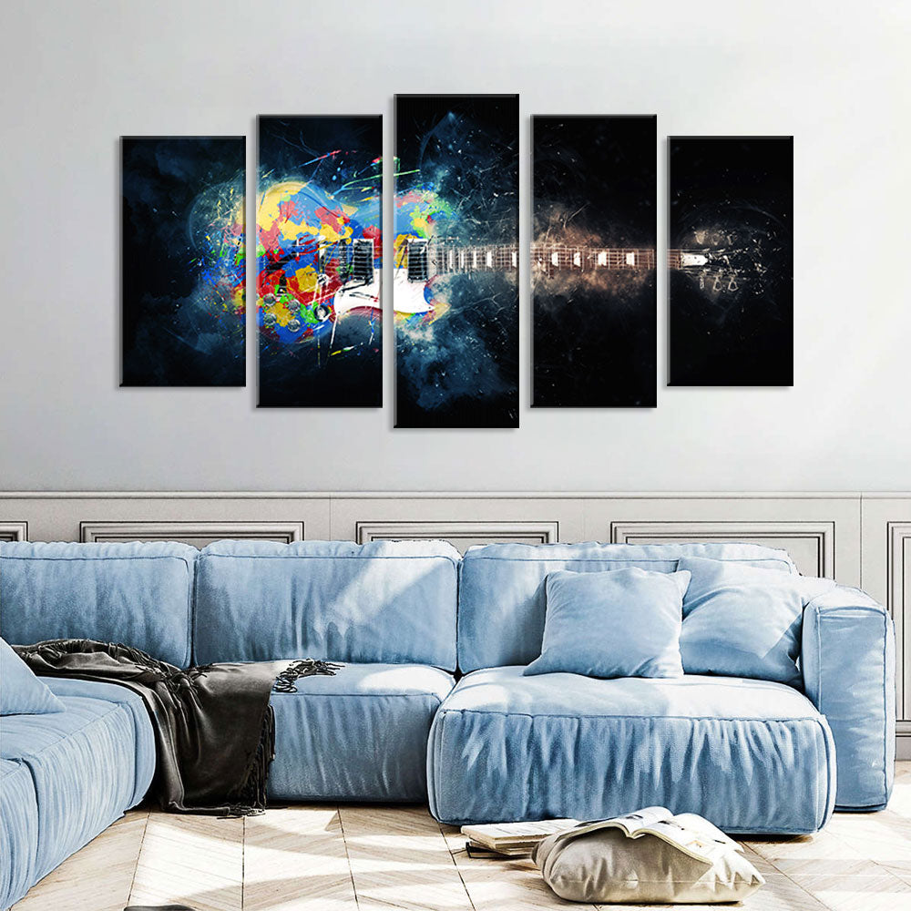5 Piece Abstract Colorful Guitar on Black Canvas Wall Art