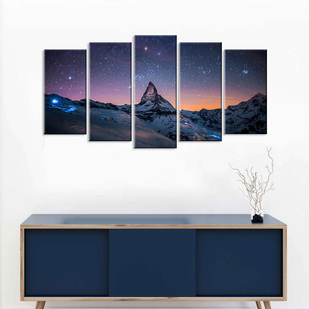 5 Piece Starry Night Over the Mountain Canvas Wall Art