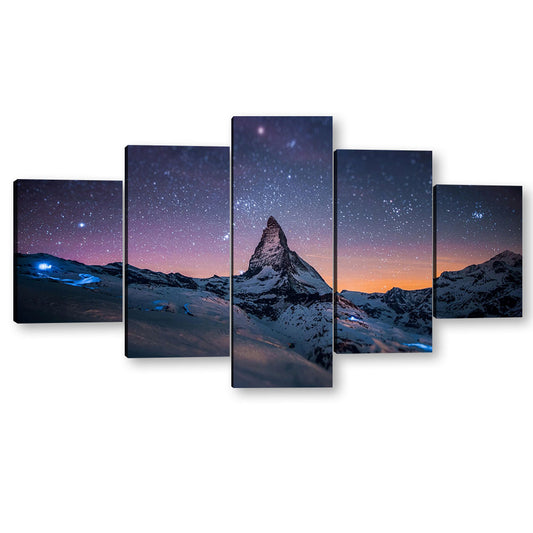 5 Piece Starry Night Over the Mountain Canvas Wall Art