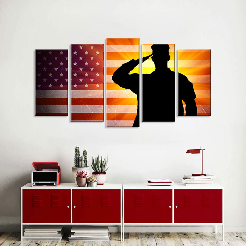5 Piece Soldier Saluting US Flag Canvas Wall Art