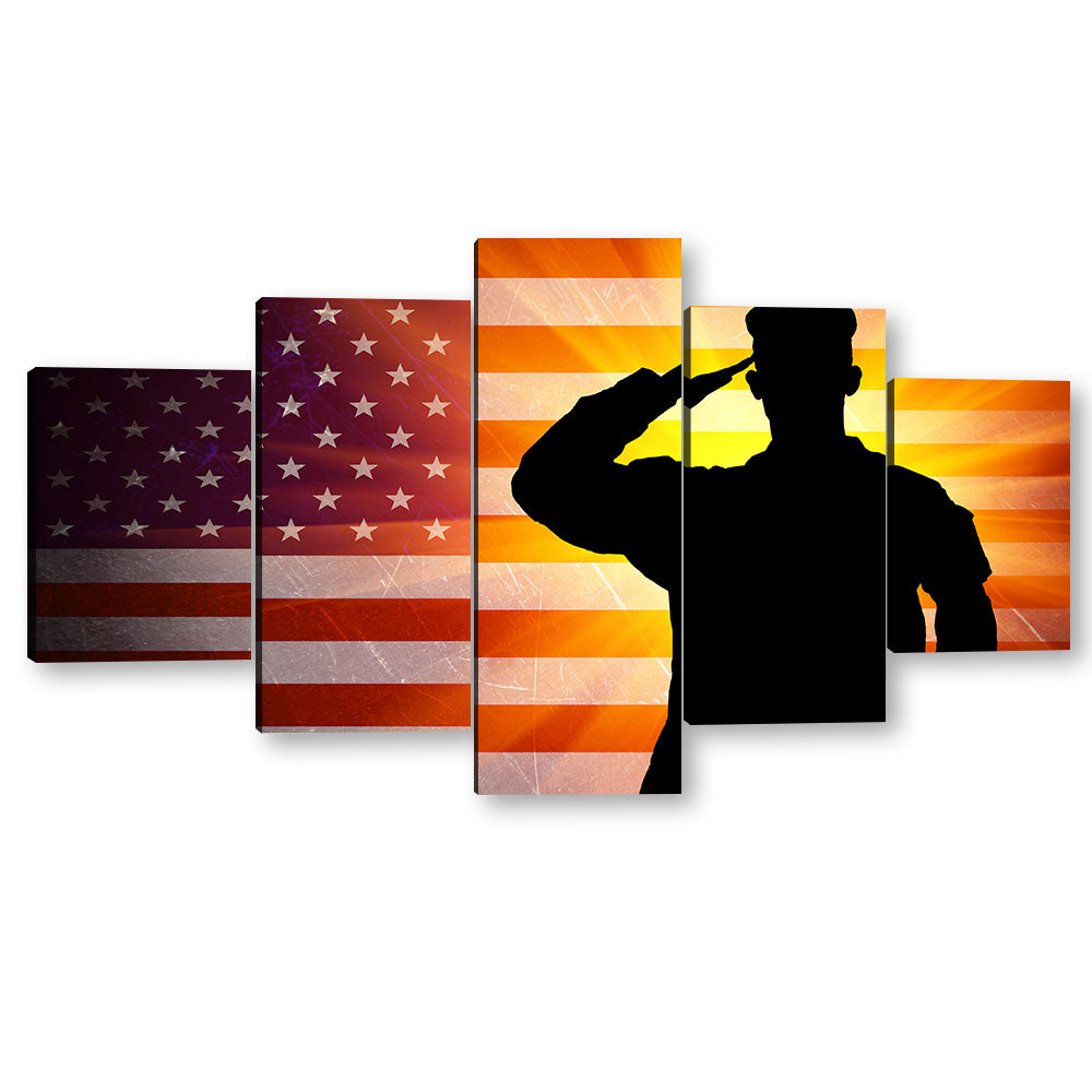 5 Piece Soldier Saluting US Flag Canvas Wall Art