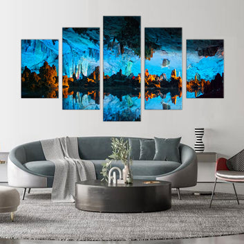 Crystal Cavern Reflections: 5-Piece Underground Cave Canvas Wall Art Set