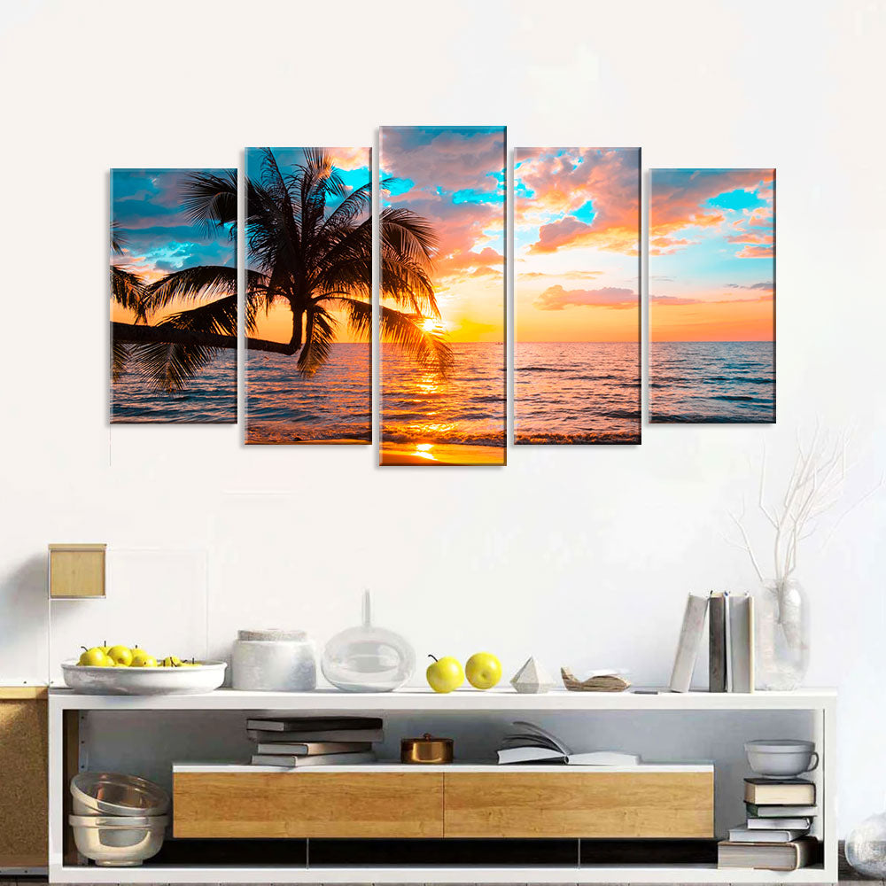 5 Piece Palm Tree in Sunset Beach Canvas Wall Art