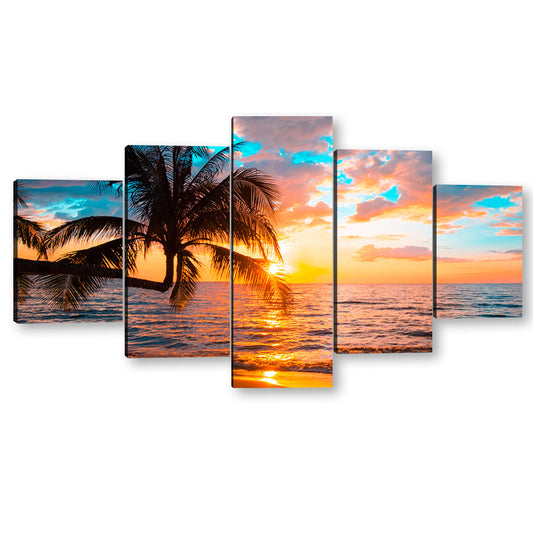 5 Piece Palm Tree in Sunset Beach Canvas Wall Art