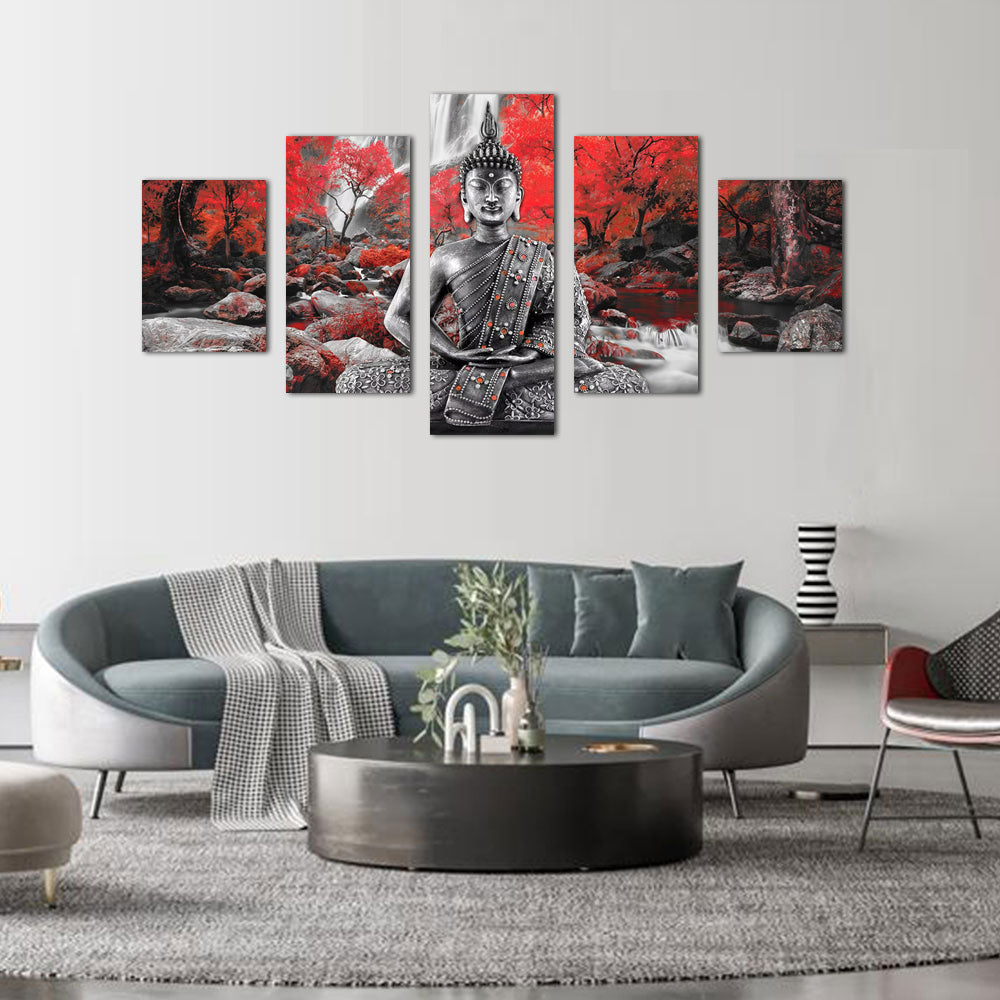 Red Forest Buddha 5-Piece Canvas Wall Art