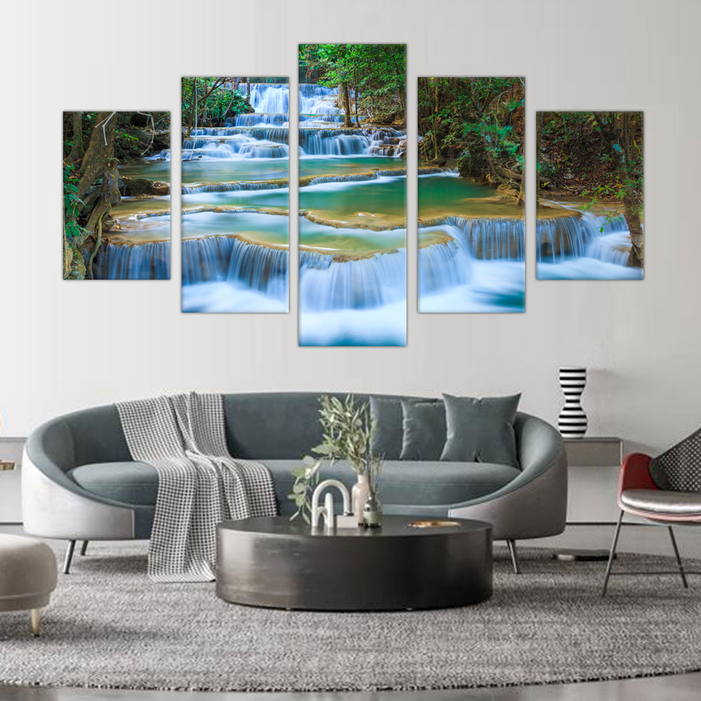 Cascading Waterfall Serenity: 5-Piece Nature Landscape Canvas Wall Art Set