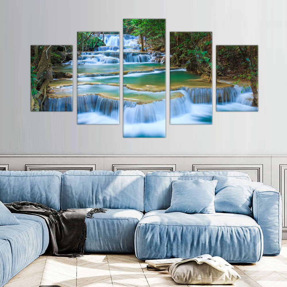 Cascading Waterfall Serenity: 5-Piece Nature Landscape Canvas Wall Art Set