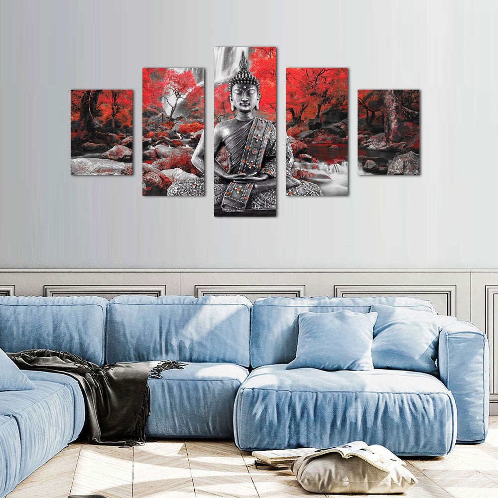 Red Forest Buddha 5-Piece Canvas Wall Art