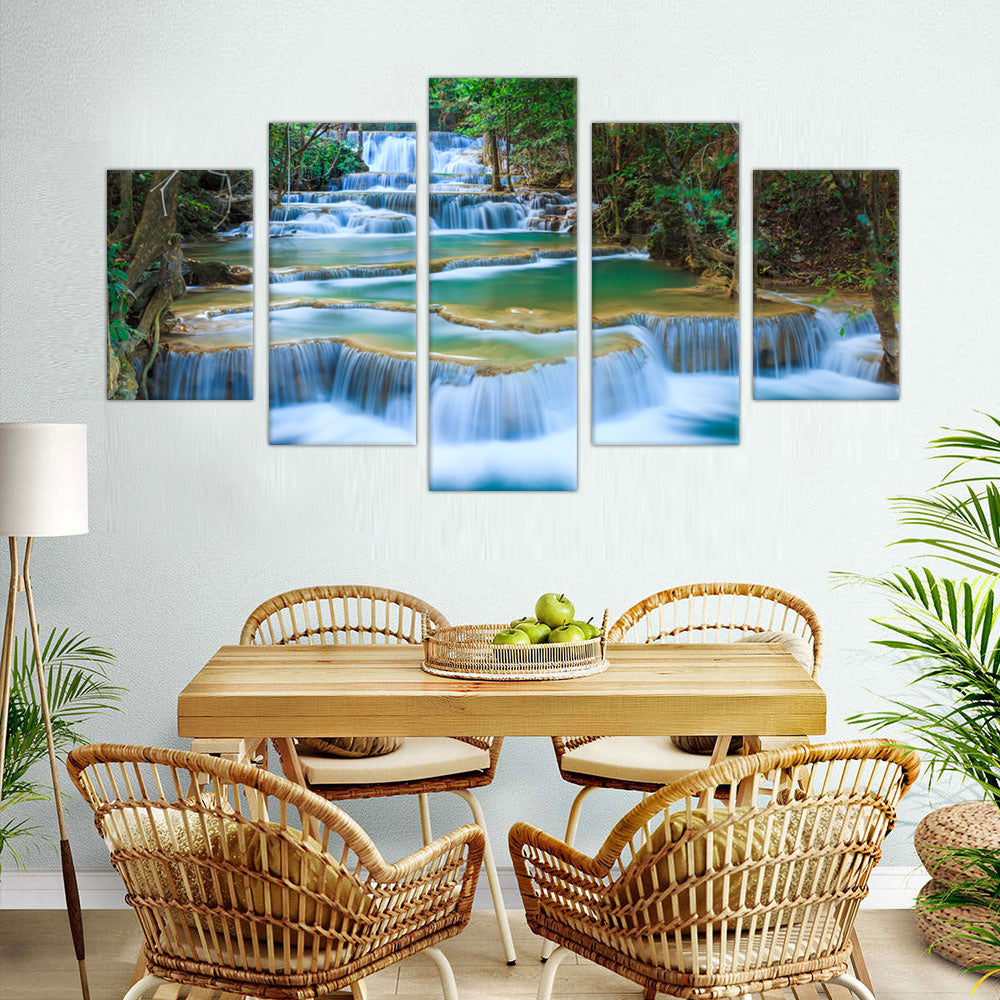 Cascading Waterfall Serenity: 5-Piece Nature Landscape Canvas Wall Art Set