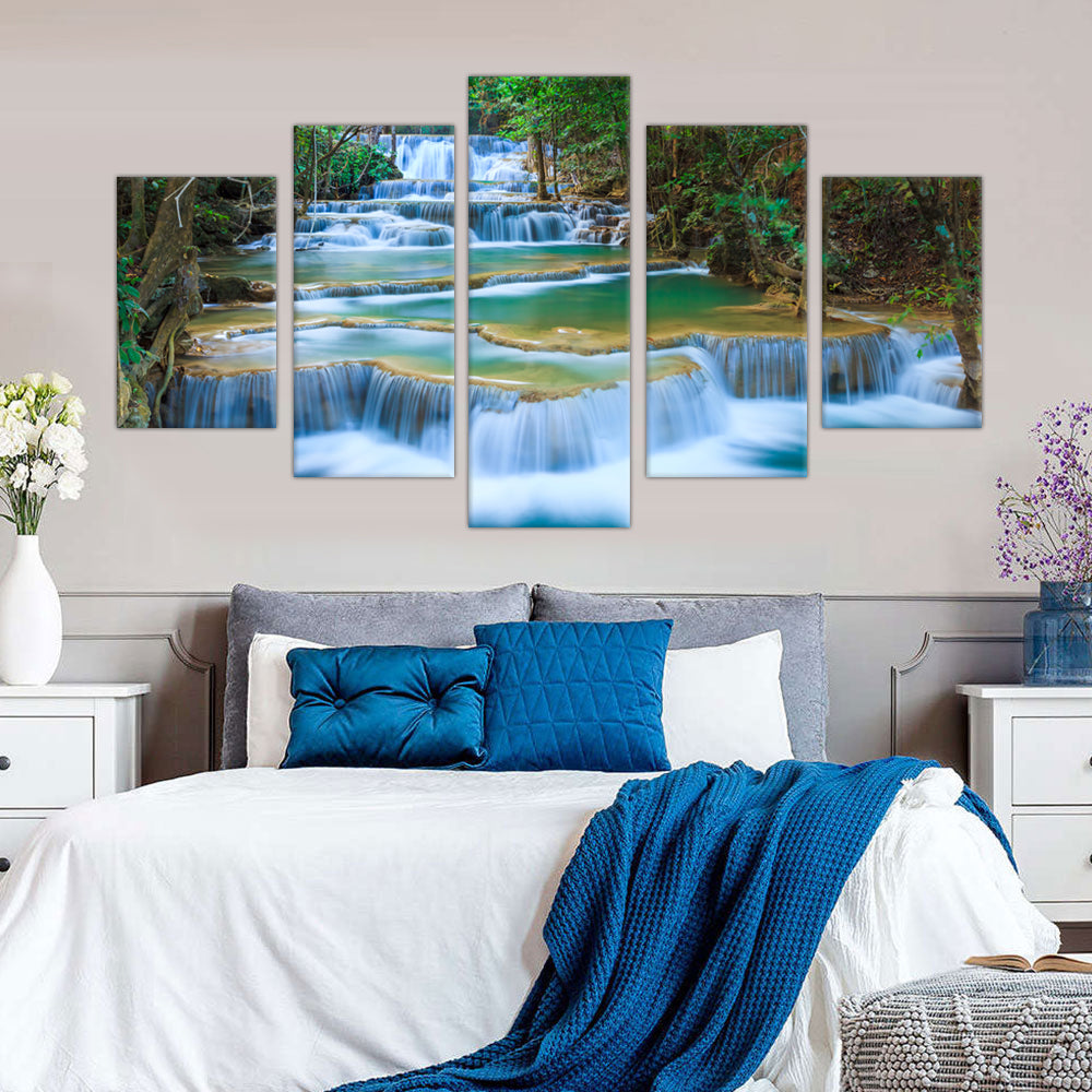 Cascading Waterfall Serenity: 5-Piece Nature Landscape Canvas Wall Art Set