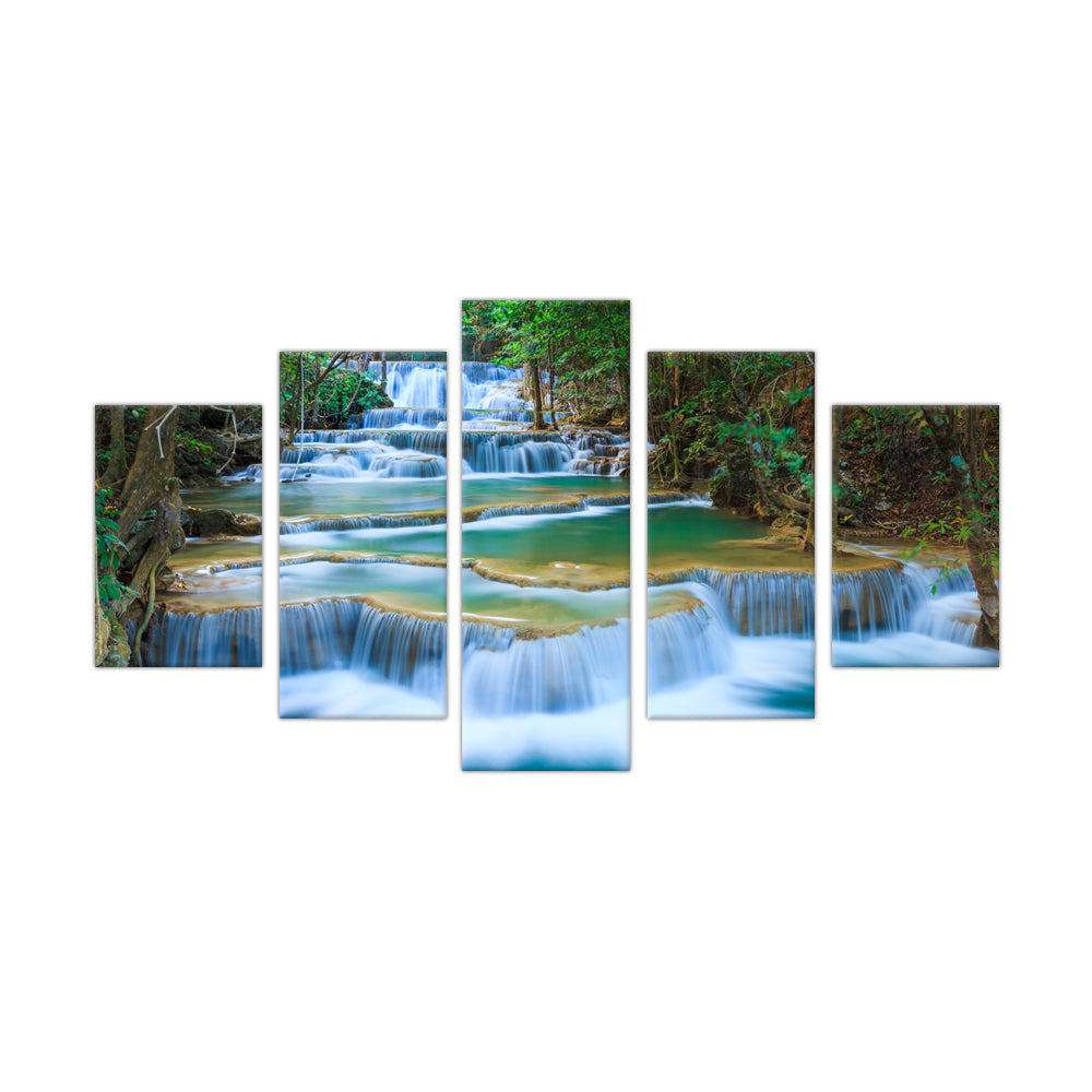 Cascading Waterfall Serenity: 5-Piece Nature Landscape Canvas Wall Art Set