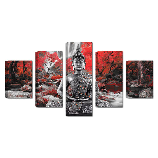 Red Forest Buddha 5-Piece Canvas Wall Art