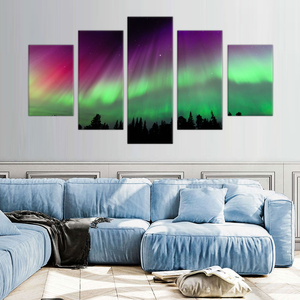 Vibrant Aurora Borealis: 5-Piece Northern Lights Canvas Wall Art Set