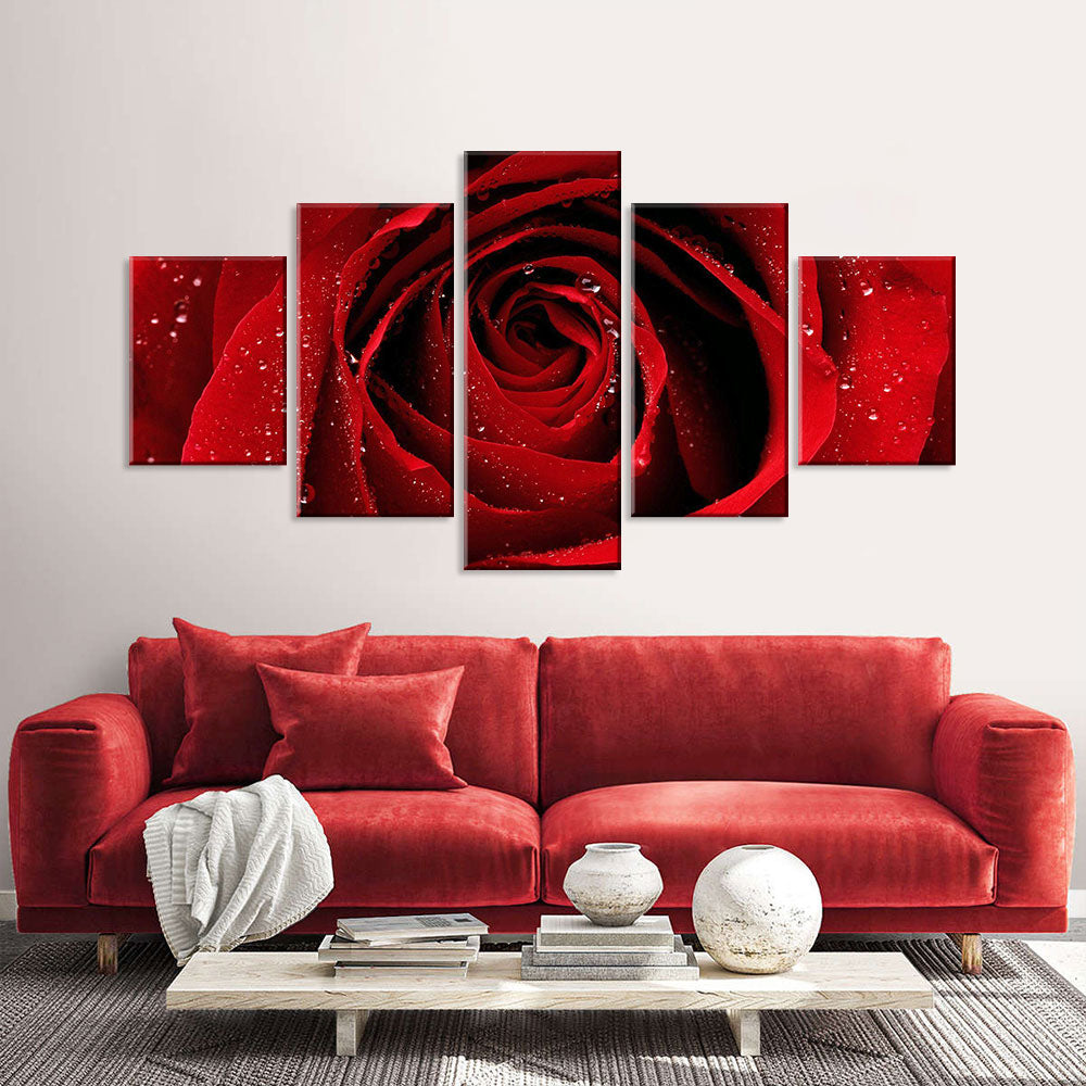 Red Rose Petals with Rain Drops Canvas Wall Art