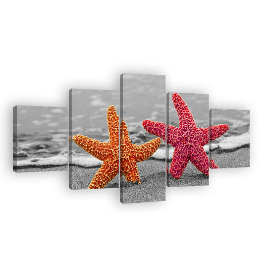 Duo Yellow and Red Starfish on Beach Canvas Wall Art