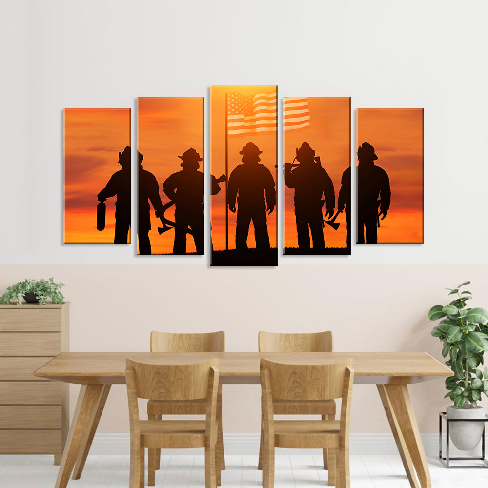 5 Piece Firefighters with US Flag in Sunset Canvas Wall Art