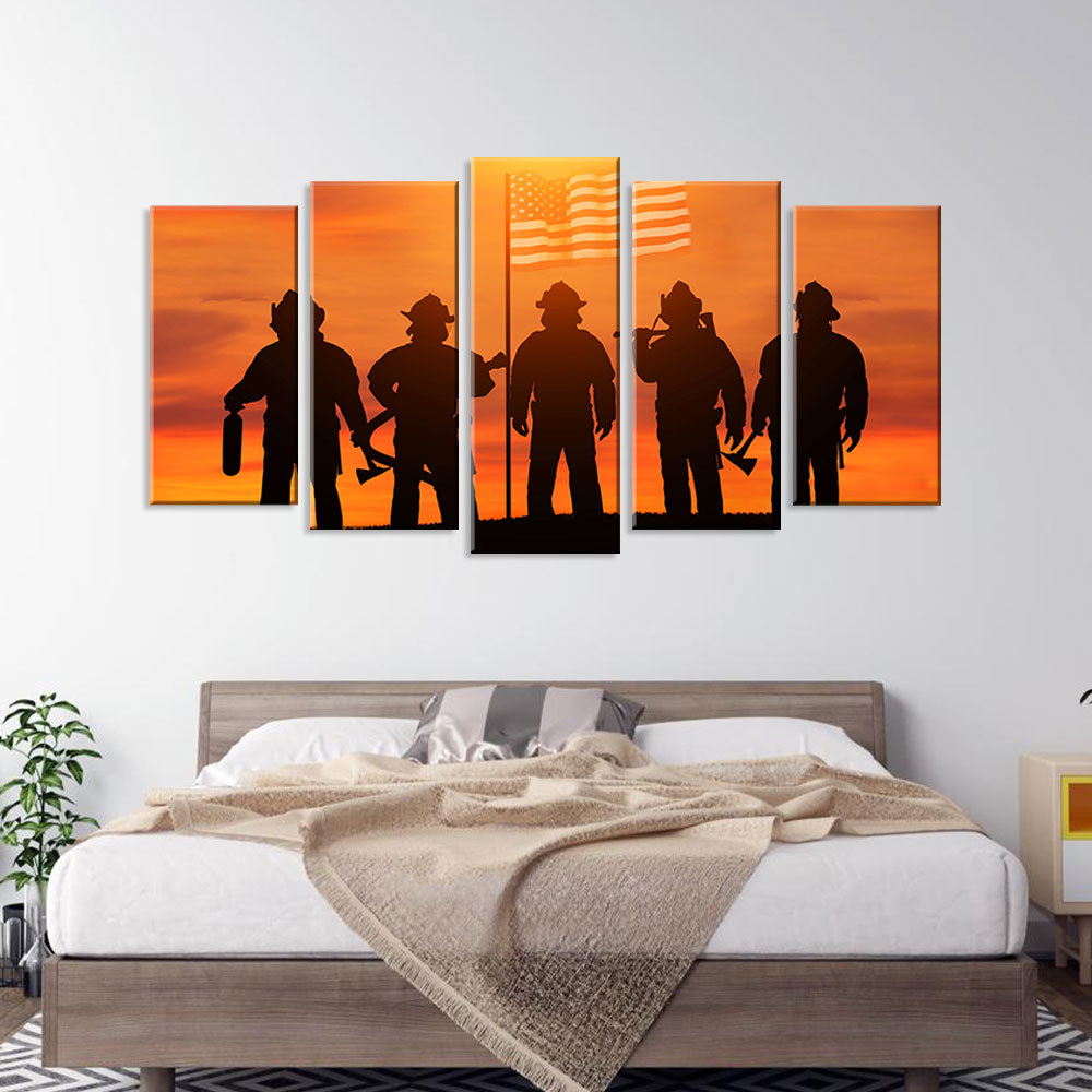 5 Piece Firefighters with US Flag in Sunset Canvas Wall Art