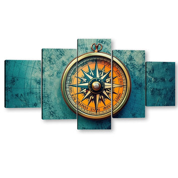 Old Compass on Vintage Map Canvas Wall Art