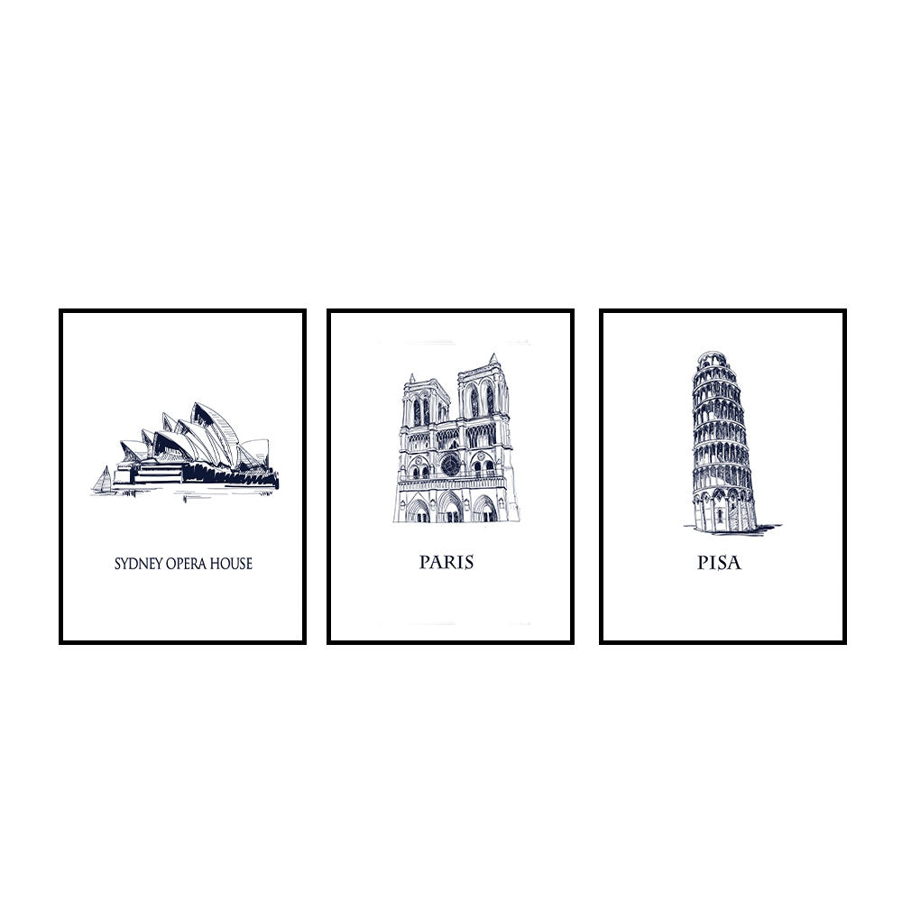 World Landmarks Trio: Sydney, Notre-Dame, Pisa Canvas Set