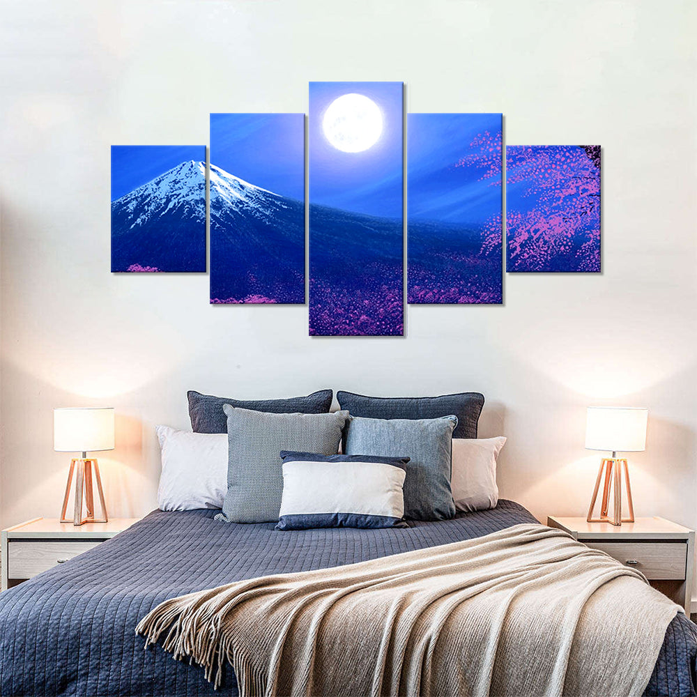 Mount Fuji Cherry Blossom with Moon Canvas Wall Art