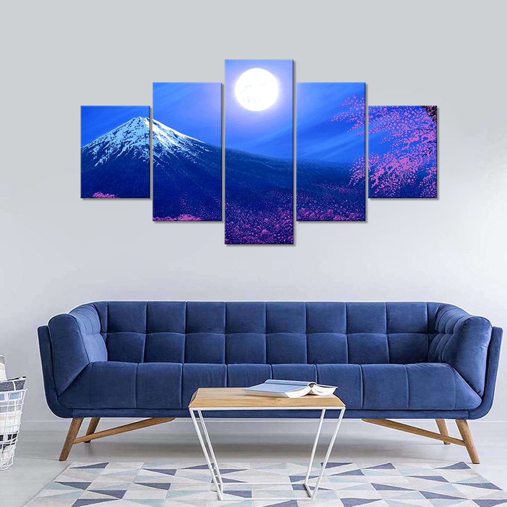 Mount Fuji Cherry Blossom with Moon Canvas Wall Art