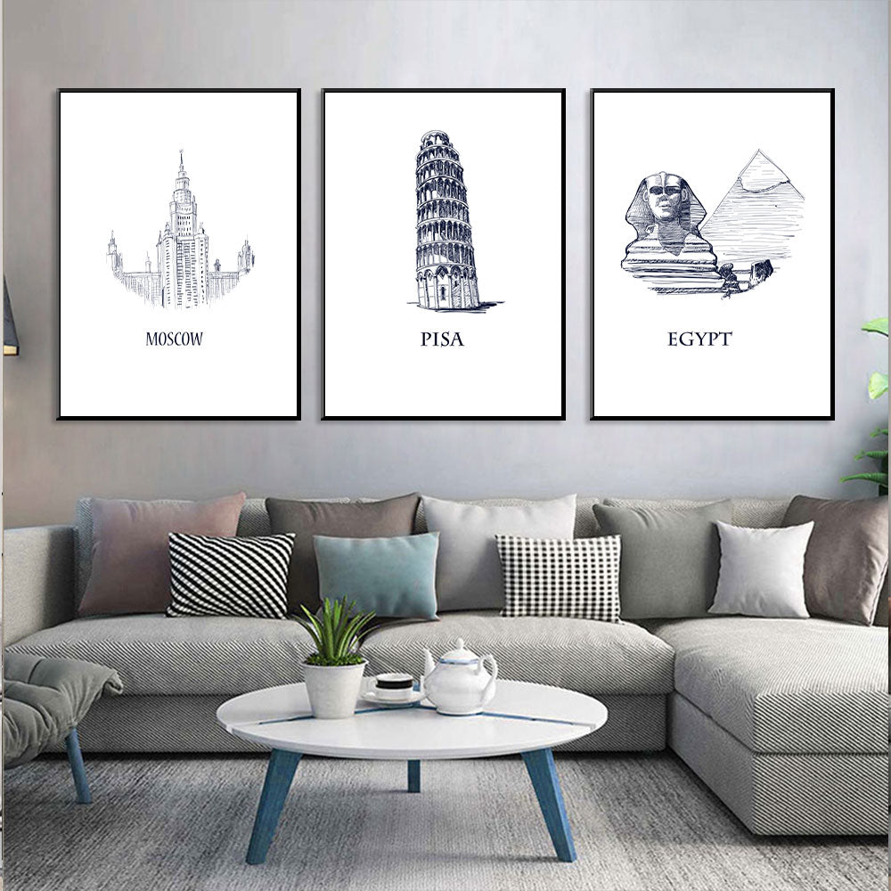 Global Icons Series: Moscow, Pisa, Egypt 3-Piece Canvas Wall Art Set