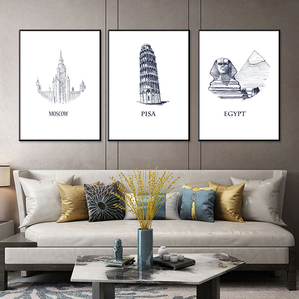 Global Icons Series: Moscow, Pisa, Egypt 3-Piece Canvas Wall Art Set