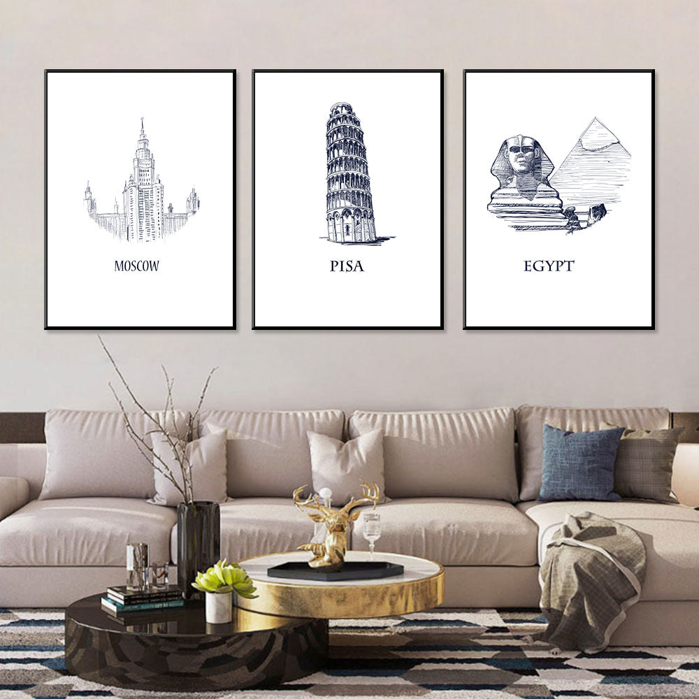 Global Icons Series: Moscow, Pisa, Egypt 3-Piece Canvas Wall Art Set