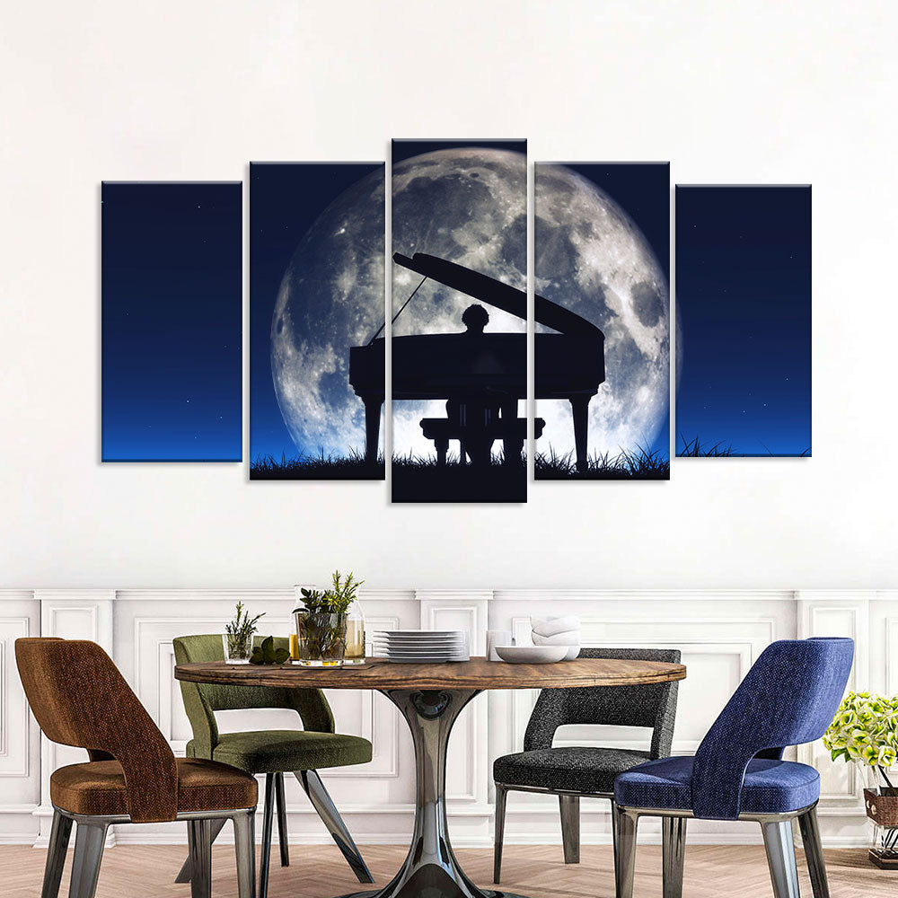 Man Playing Piano with Moon Canvas Wall Art