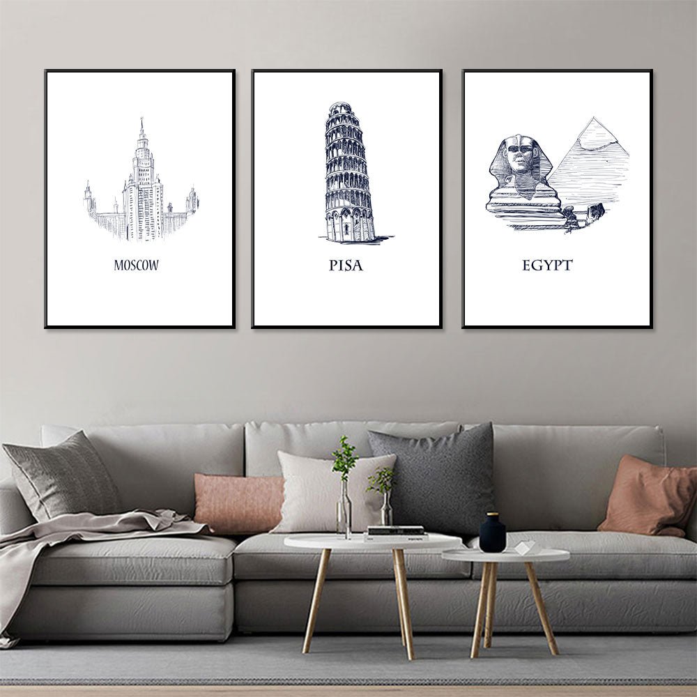 Global Icons Series: Moscow, Pisa, Egypt 3-Piece Canvas Wall Art Set