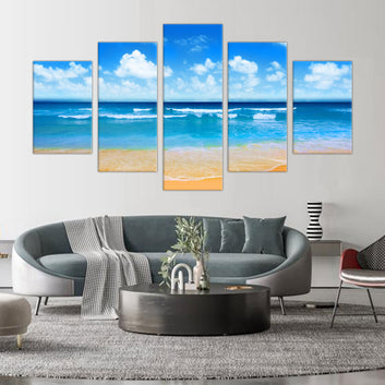 Sunny Beach Waves: 5-Piece Ocean Shoreline Canvas Wall Art Set