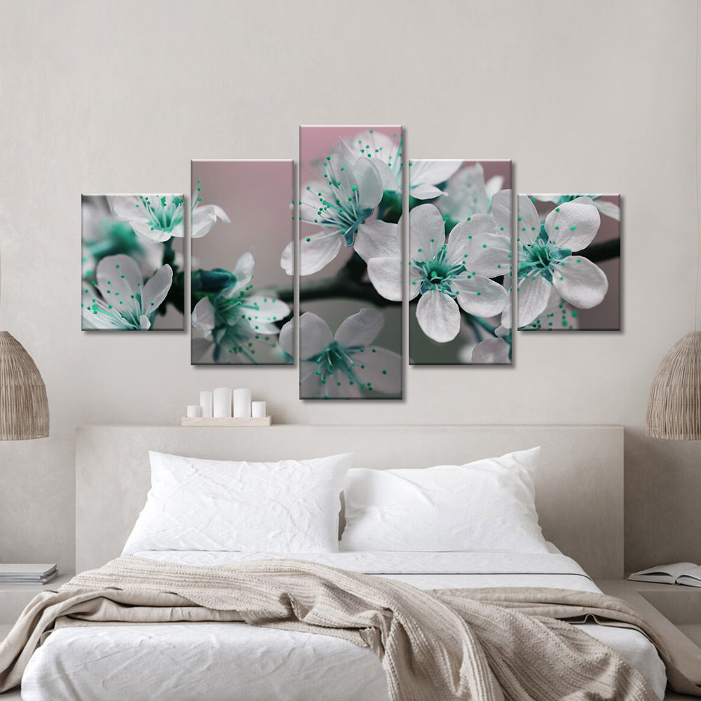 White Flowers with Azure Green Speckles canvas wall art