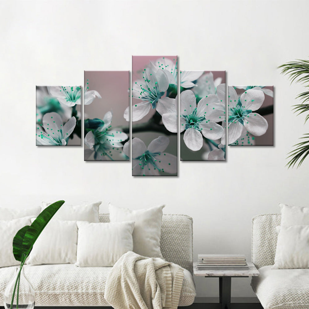 White Flowers with Azure Green Speckles canvas wall art