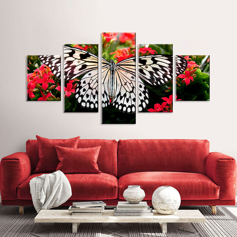 Butterfly on Red Flowers Canvas Wall Art
