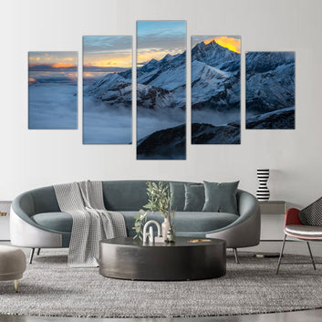 Mountain Peaks at Dawn: 5-Piece Snow-Capped Landscape Canvas Wall Art Set