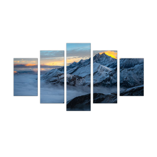 Mountain Peaks at Dawn: 5-Piece Snow-Capped Landscape Canvas Wall Art Set