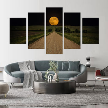 Moonlit Road: 5-Piece Night Landscape Canvas Wall Art Set