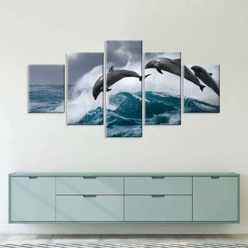 Dolphins Jumping Over Breaking Wave Canvas Wall Art
