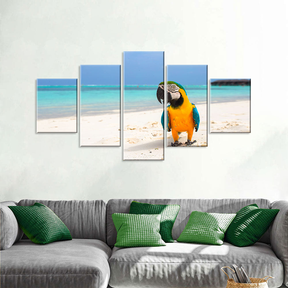 Parrot on Sand Beach Canvas Wall Art