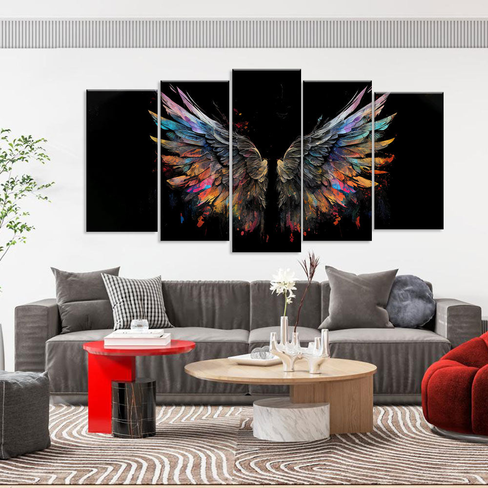  Colorful Angel Wings on Black Background Canvas Wall Art