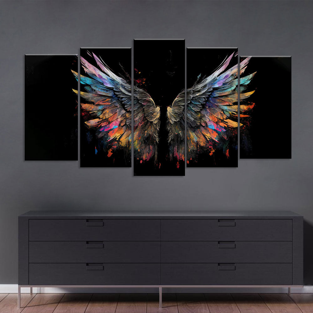  Colorful Angel Wings on Black Background Canvas Wall Art