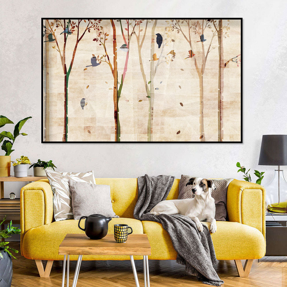 Whimsical Birds in Autumn Trees Canvas Wall Art