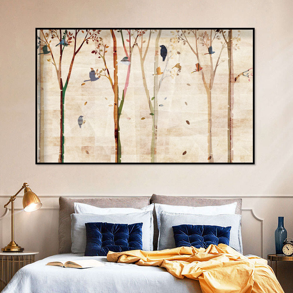 Whimsical Birds in Autumn Trees Canvas Wall Art