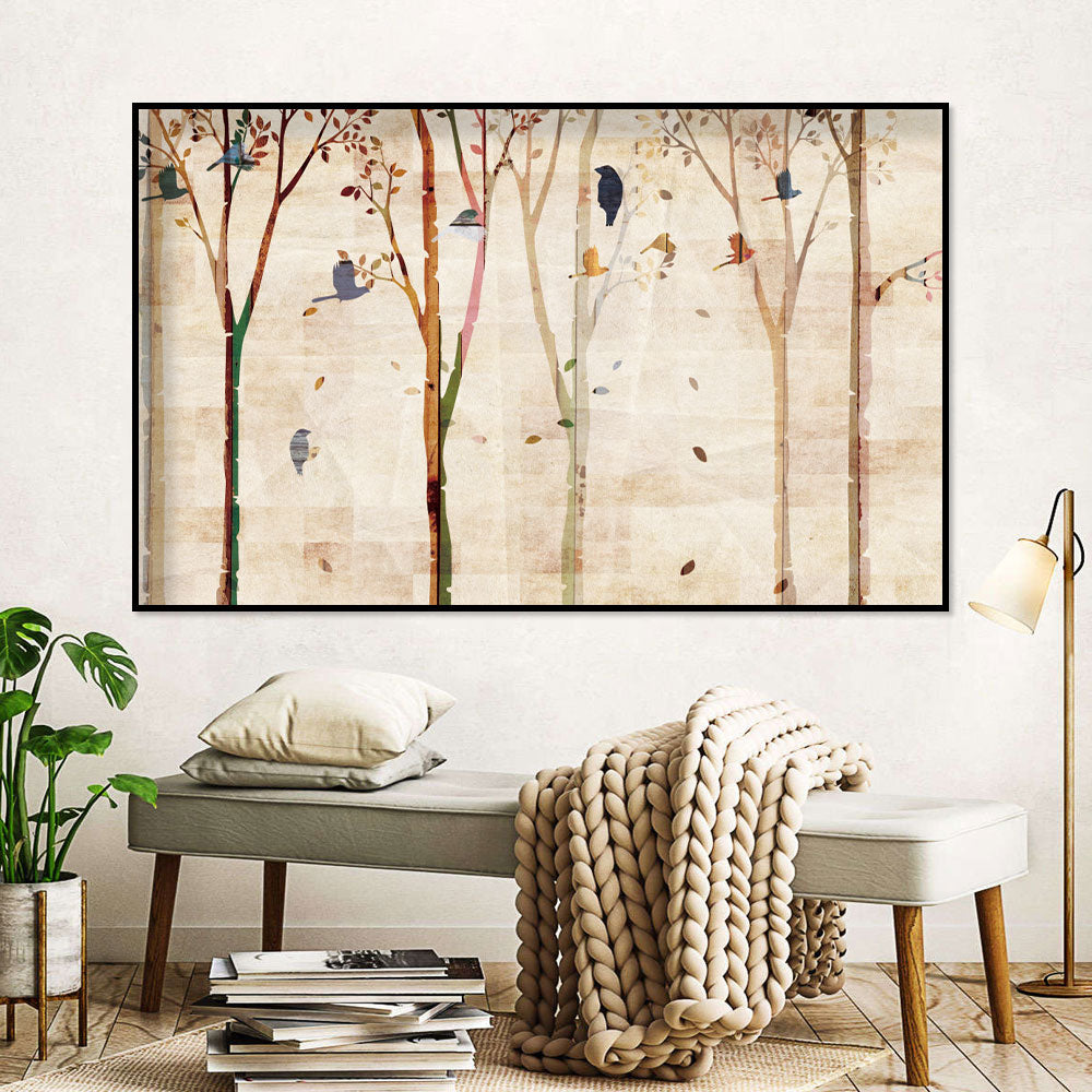 Whimsical Birds in Autumn Trees Canvas Wall Art