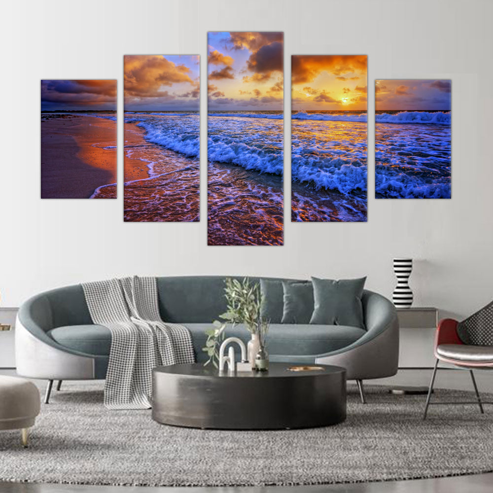 Golden Sunset Waves: 5-Piece Ocean Shore Canvas Wall Art Set