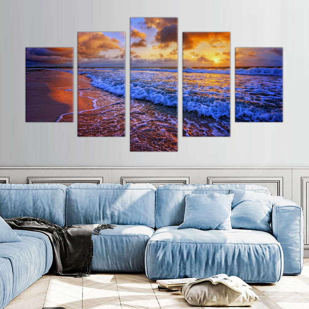 Golden Sunset Waves: 5-Piece Ocean Shore Canvas Wall Art Set