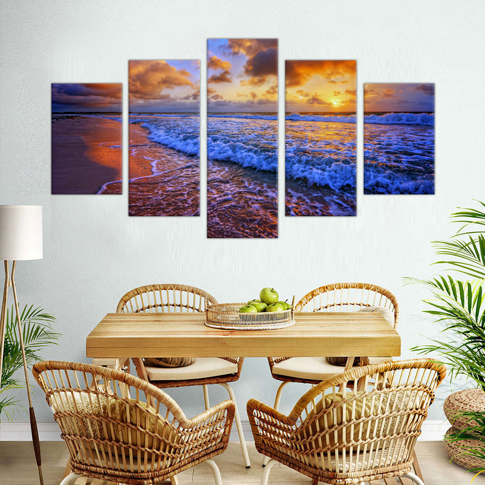 Golden Sunset Waves: 5-Piece Ocean Shore Canvas Wall Art Set