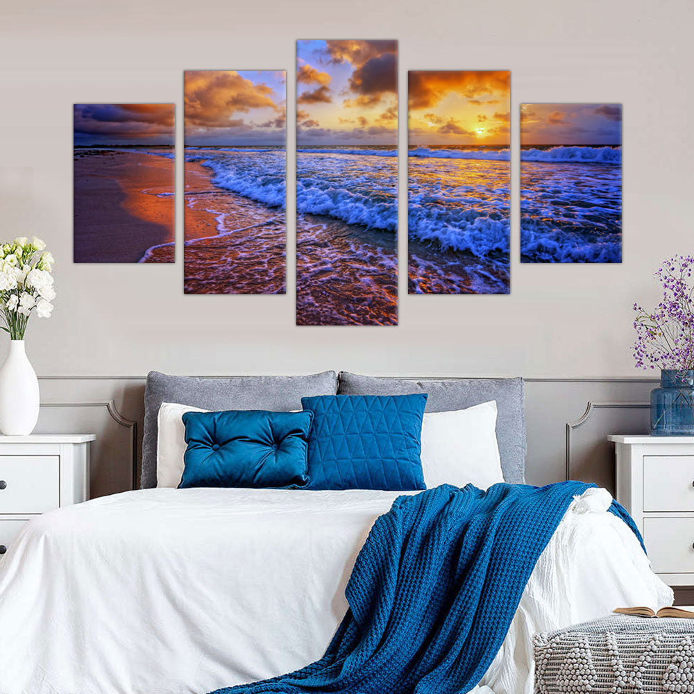 Golden Sunset Waves: 5-Piece Ocean Shore Canvas Wall Art Set